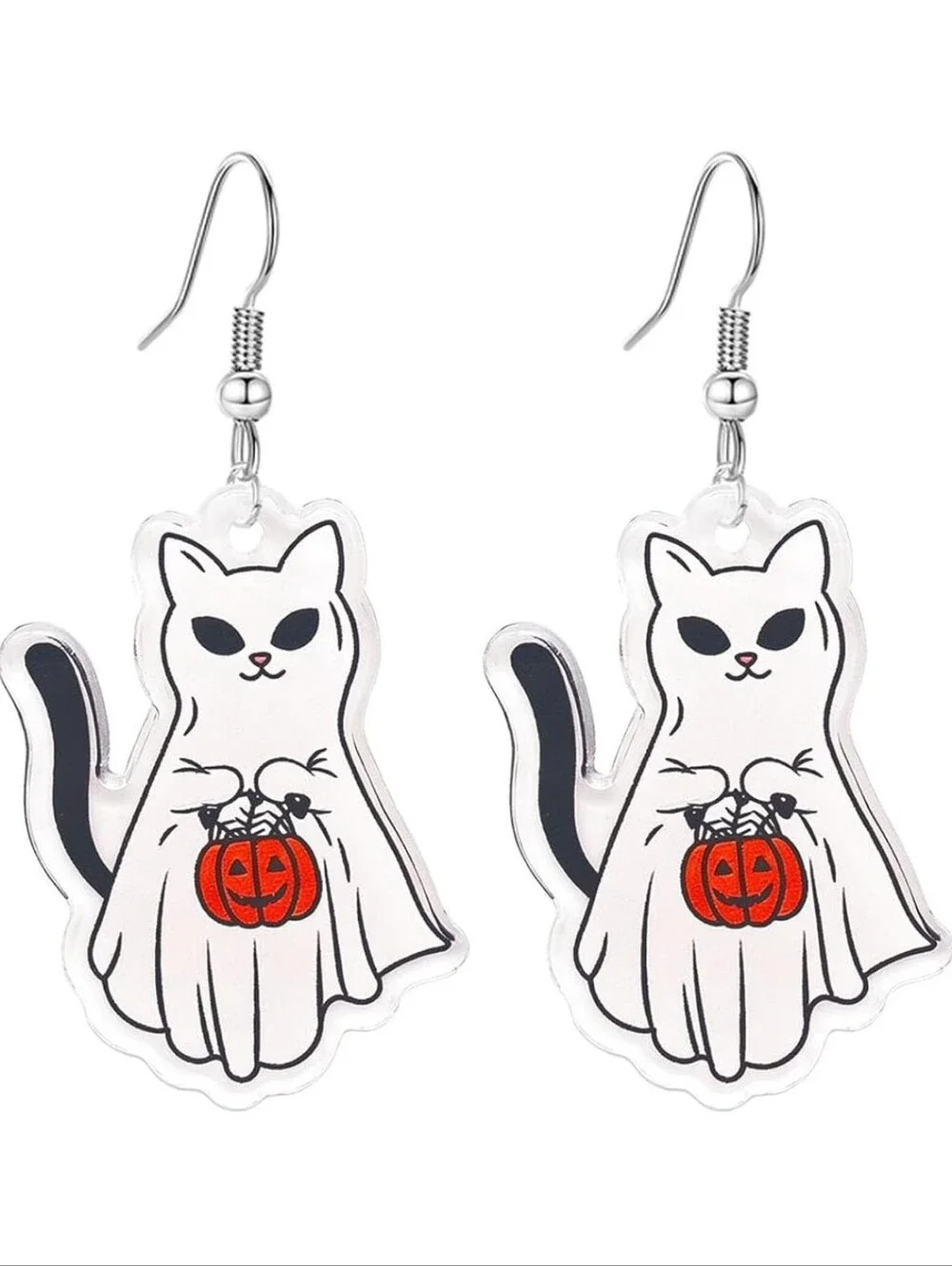 Halloween Ghost Cat Earrings - White Ghost Cat with Orange Pumpkin